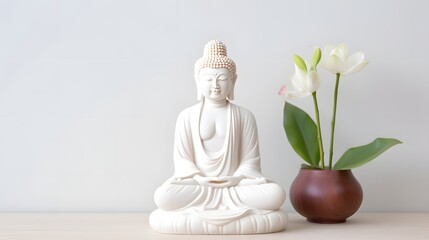 Elegant and serene white marble Buddha statue displayed in a minimalist calming setting promoting spiritual reflection tranquility and inner peace