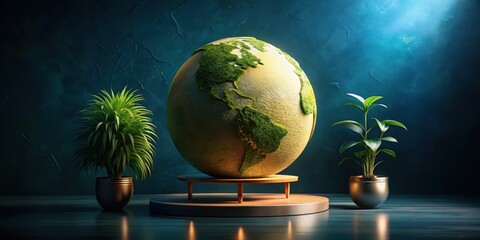 A verdant globe, nestled on a sleek stand, flanked by potted plants, against a deep teal backdrop, symbolizes flourishing ecosystems and environmental preservation