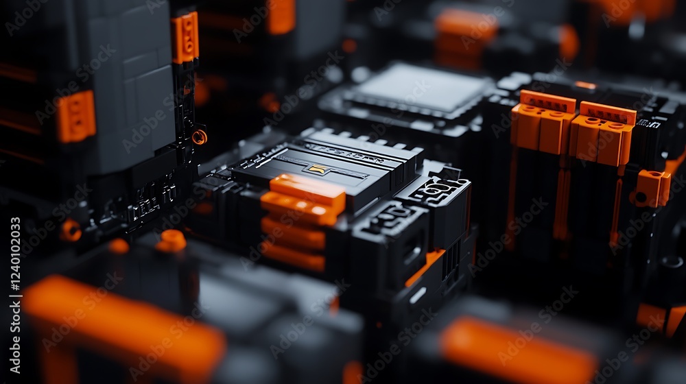 Fototapete Abstract Tech Blocks: A 3D Render of Interlocking Orange and Black Components