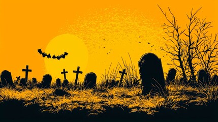 Naklejka premium Spooky Halloween Graveyard at Sunset: Creepy Tombstones, Bats, and Gloomy Trees. Perfect for Halloween-themed designs and decorations.