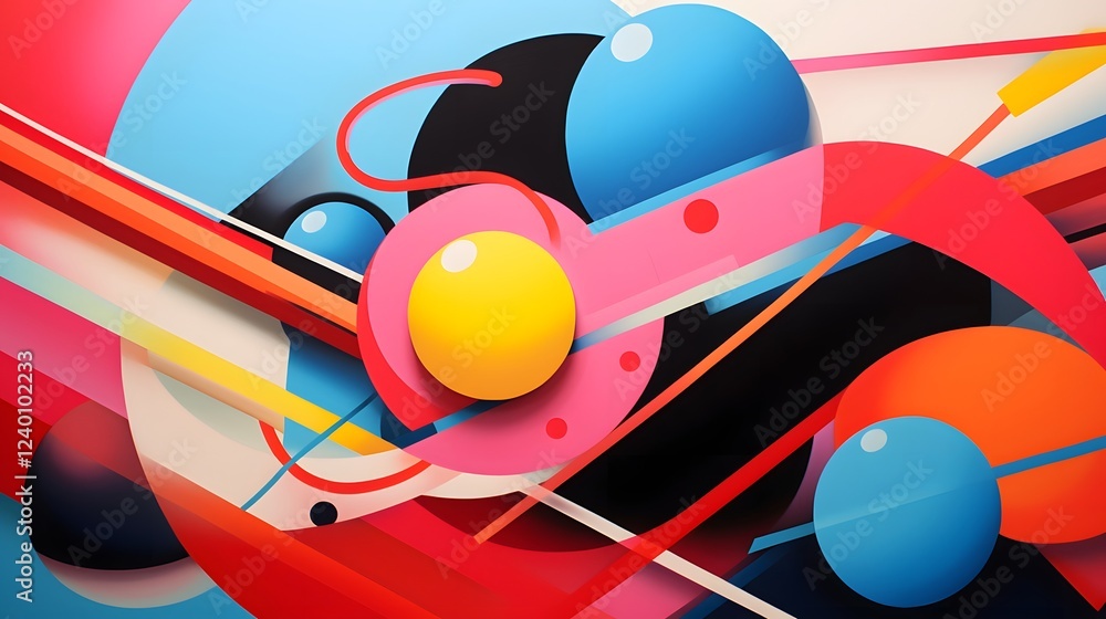 Poster visually striking abstract composition with overlapping geometric shapes and vibrant bold colors for