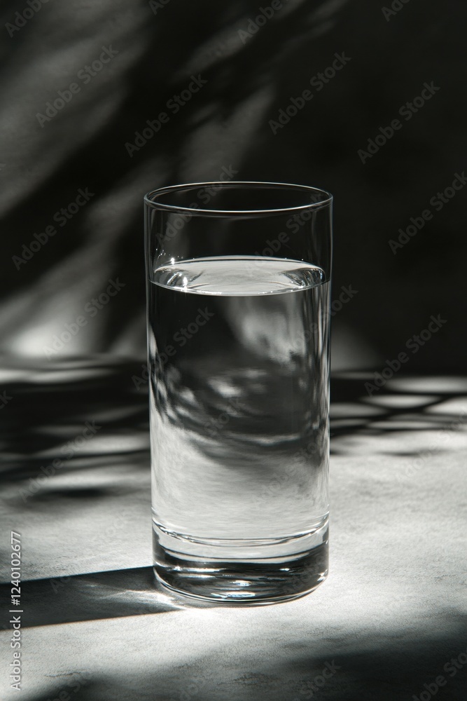 Poster glass of clear water on a textured surface with dramatic shadows and light creating a moody scene
