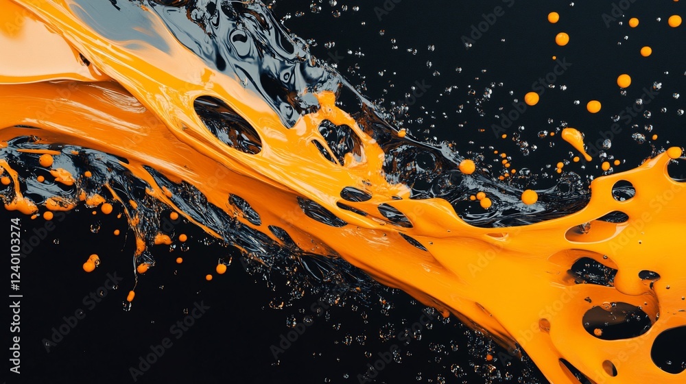 Poster dynamic orange paint swirl with liquid droplets on a dark background creating abstract art