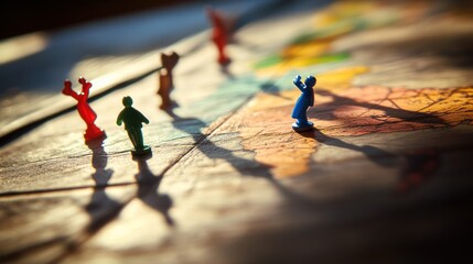 Travelers on world map game board, shadows cast by sunlight