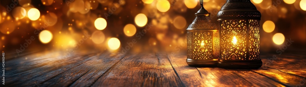 Poster glowing lantern on rustic wooden table with warm golden bokeh lights