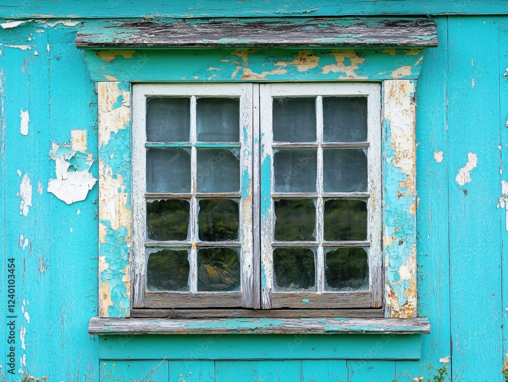 Aufkleber weathered window on a teal building showing peeling paint and rustic charm in a close up view