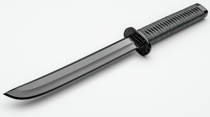 Black wakizashi, studio shot, isolated, white background, weapon illustration