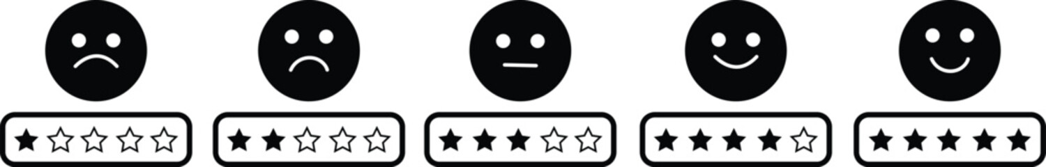Rating Satisfaction icon set. vector of Emotion Smiles Excellent, Good, Normal, Not Good, Bed, Credit Rating and Service, Survey approval user rating star elements. isolated on transparent background