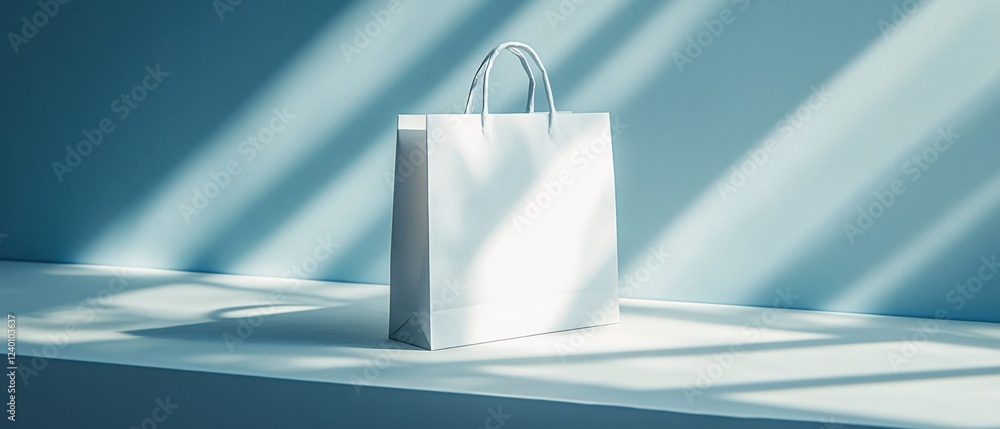 Poster white paper bag standing on a platform with soft light and shadow on a blue background