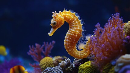 Obraz premium Golden seahorse gracefully swimming among vibrant coral reef in deep blue ocean water
