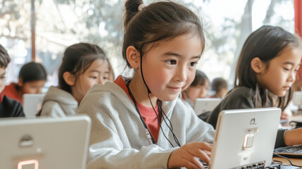 Candid classroom scene of students using laptops, focused expressions, learning environment, technology in education, diverse group of children, engaging activities