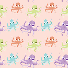 Obraz premium Childish seamless pattern with purple, orange, blue, green cute octopuses and stars. Colored vector background about the underwater world and sea inhabitants.
