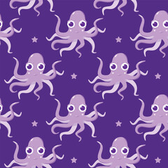Childish seamless pattern with purple cute octopuses. Purple vector background.