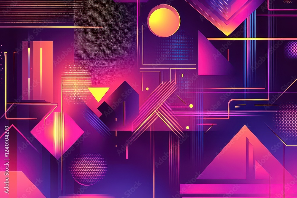 Poster vibrant abstract geometric patterns featuring bright colors and dynamic shapes in a modern design