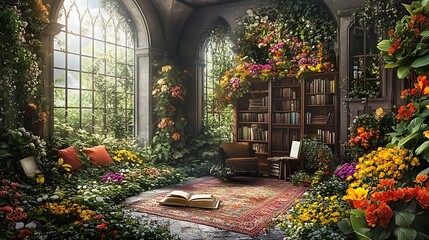 Obraz premium A Sunlit Library Room Overgrown with Flowers and an Open Book