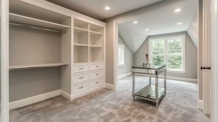 Obraz premium Spacious Walk-in Closet with Dressing Area and Natural Light