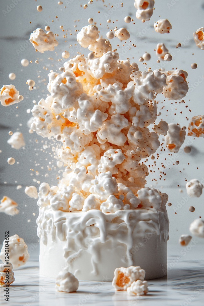 Aufkleber Exploding popcorn cloud with flying kernels and white base on a marble surface against a light background