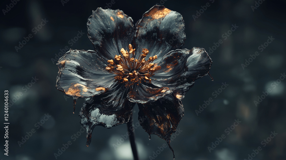 Poster conceptual bloom of a unique flower showcasing dark hues and gilded accents in a mysterious setting.