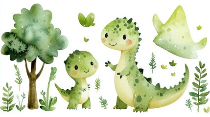 Naklejka premium Adorable Watercolor Dinosaurs Illustration: Cute Baby Dino Art Print