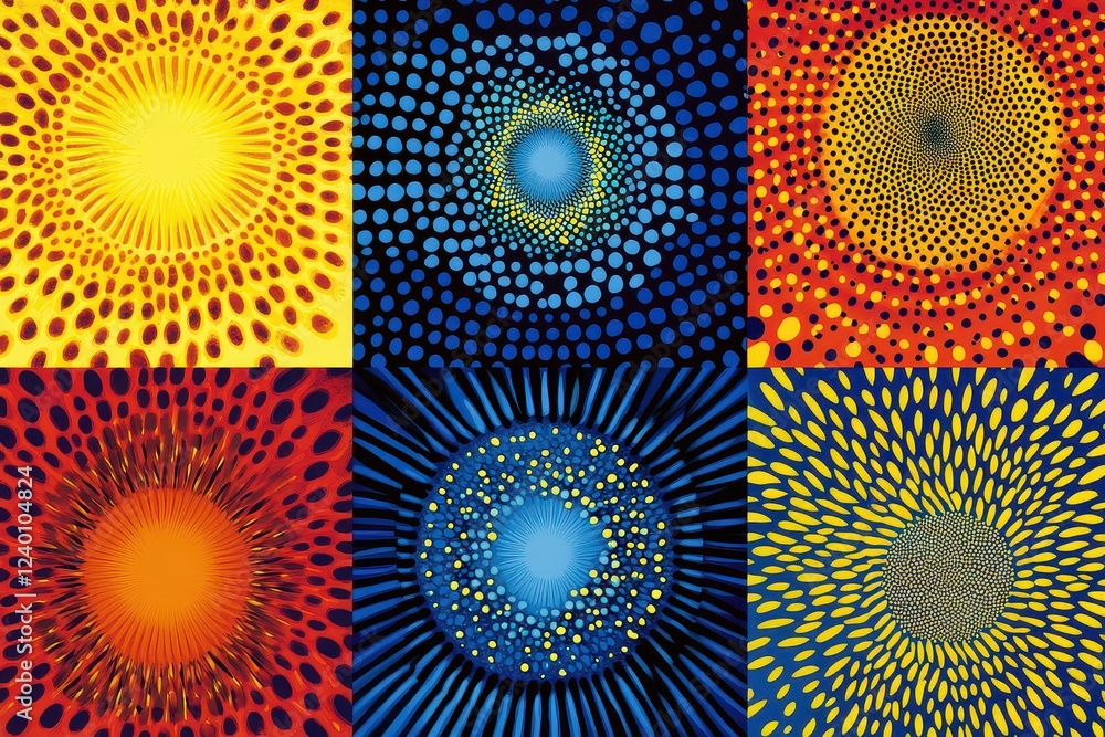 Poster vibrant abstract patterns featuring concentric circles and radial designs in vivid colors