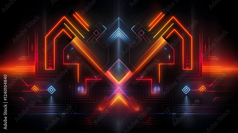 Poster futuristic and minimalist abstract graphic design with elegant glowing neon lines and geometric patt