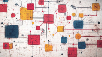 Handmade flowchart template with colorful geometric shapes and lines, ideal for coding education and brainstorming sessions. This design encourages creativity and organization