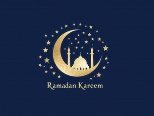 Golden Crescent Moon and Mosque Silhouette with Stars for Ramadan Kareem