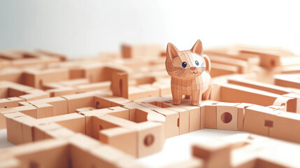 playful paper cat figure stands in cardboard maze, showcasing creativity and fun in interactive learning. This engaging scene invites exploration and problem solving