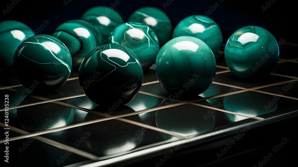Poster serene and elegant arrangement of smooth jade spheres with subtle shadows showcasing a minimalist an