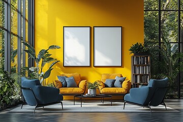 Modern Living Room Interior Design with Yellow Walls, Mustard Armchairs, and Lush Greenery