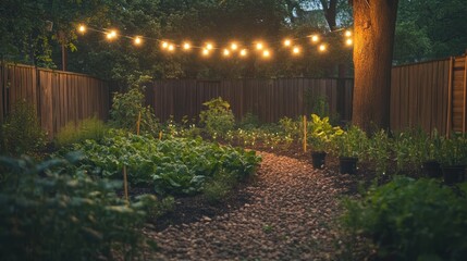 Evening Serenity in a Backyard Garden: A Peaceful Oasis Under String Lights