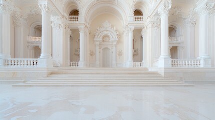 Fototapeta premium Grand white marble palace interior, wide staircase, elegant event background