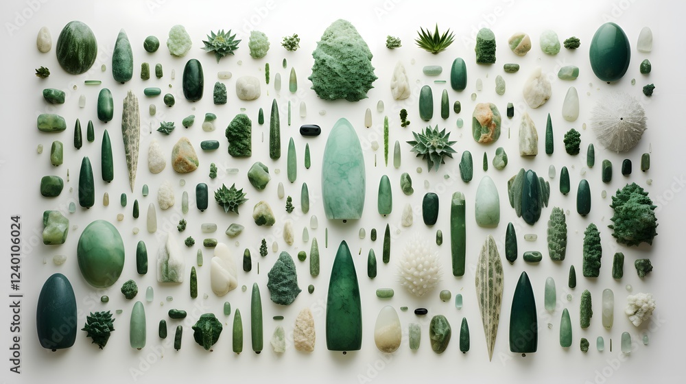 Poster Beautifully Arranged Jade Artifacts Displayed Symmetrically on a Soft White Background Showcasing the Elegance and Simplicity of Asian Art and Design
