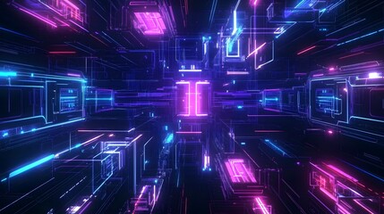 Obraz premium Futuristic circuit board illuminated by neon blue and purple lights, symbolizing digital innovation, advanced technology, and the cyber world. Abstract high-tech background representing artificial