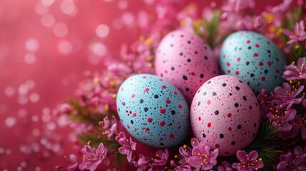 Fototapeta premium Colorful Easter Eggs Nestled Among Delicate Spring Flowers