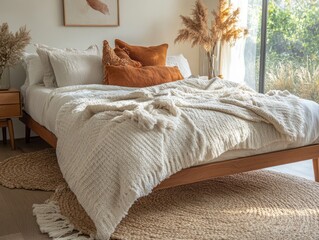 Cozy Bedroom Featuring a Beige Knit Throw and Wooden Bed Frame
