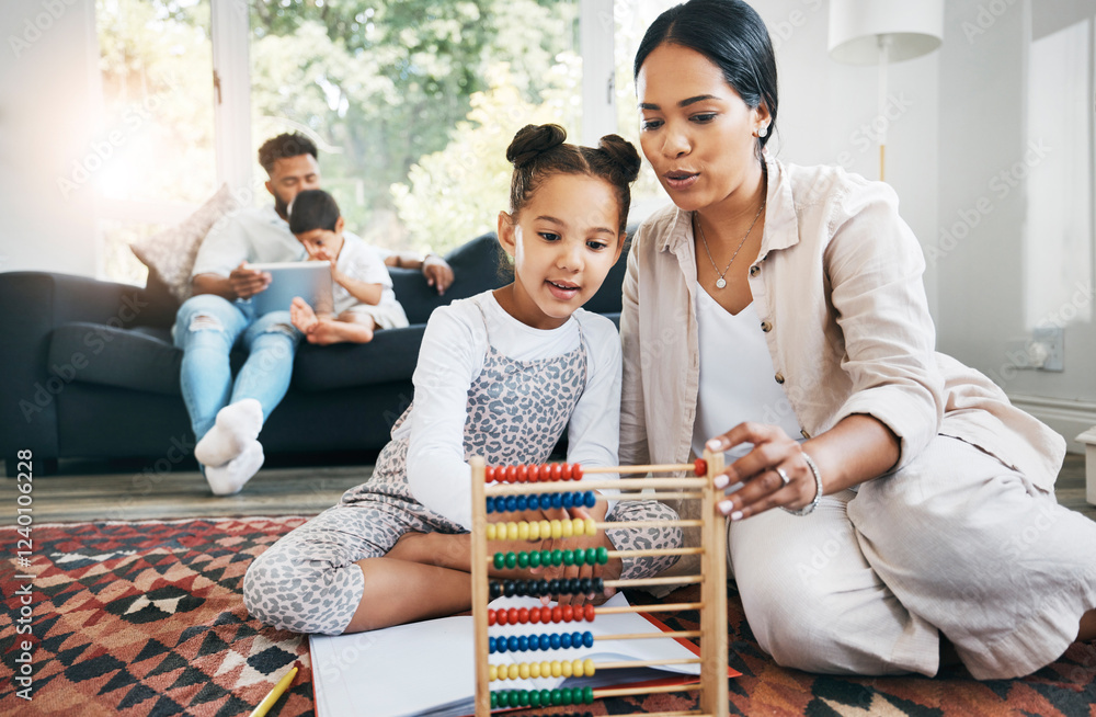 Poster woman, child and abacus in home for education, counting and math skill development. learning, mother