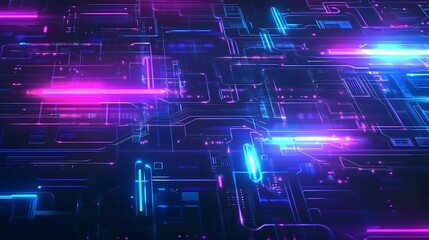 Obraz premium Futuristic circuit board illuminated by neon blue and purple lights, symbolizing digital innovation, advanced technology, and the cyber world. Abstract high-tech background representing artificial