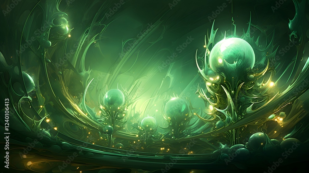 Aufkleber digitally rendered abstract image featuring mesmerizing jade colored fractals with captivating glowi