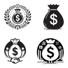 Black and White Money Bag Icon Set with Dollar Sign for Finance, Banking, Investment, and Business Concepts