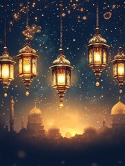 Obraz premium Golden Lanterns Glow Against a Night Sky Over a City