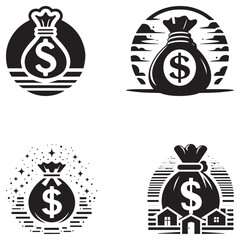 Black and White Money Bag Icon Set with Dollar Sign for Finance, Banking, Investment, and Business Concepts