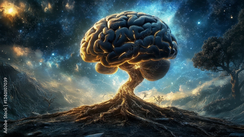 Poster a surreal depiction of a tree with a brain as its canopy, symbolizing the connection of nature and c