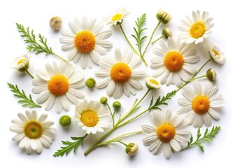 Obraz premium Chamomile Daisy Buds Flat Lay: White Background Floral Photography