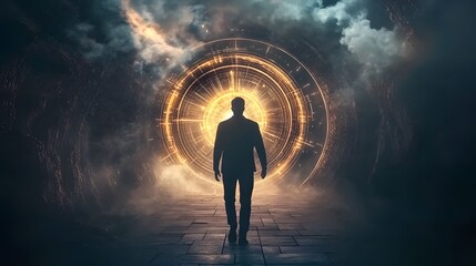 Fototapeta premium Mysterious man walking towards the camera with an infinite clock portal ahead, surrounded by fog and glowing lights, symbolizing time travel, destiny, and the passage of time in a surreal futuristic 