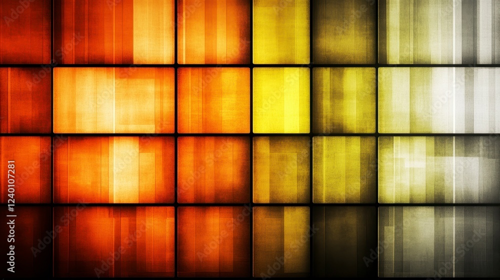 Poster a captivating abstract composition of rectangular blocks in vibrant orange, yellow, and grey tones s