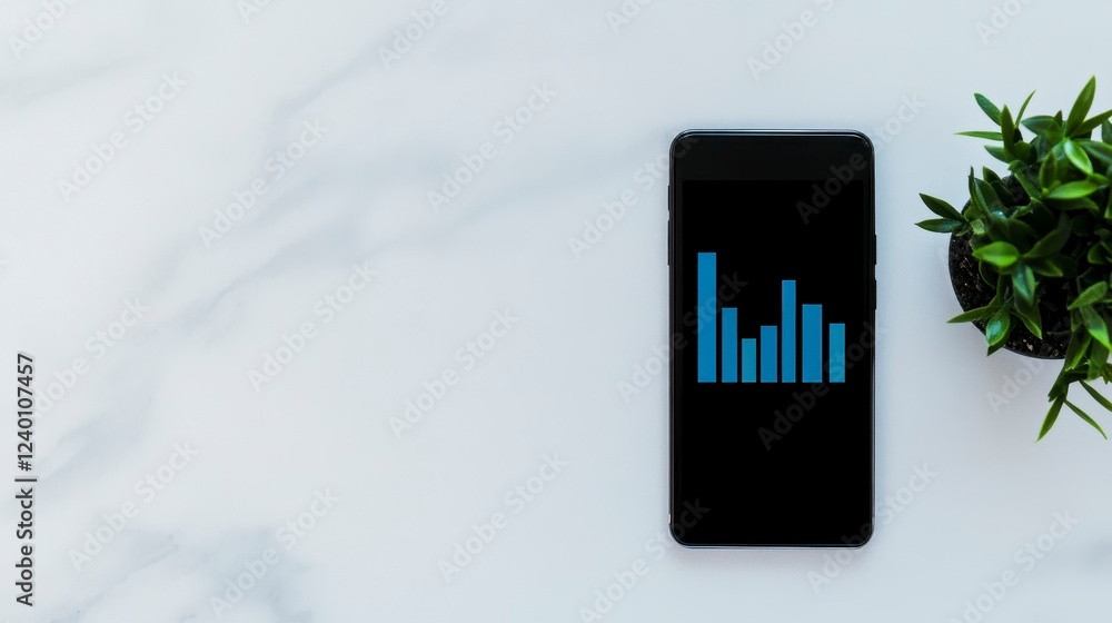 Poster close-up view of a smartphone displaying a blue bar chart on a marble surface, surrounded by a small