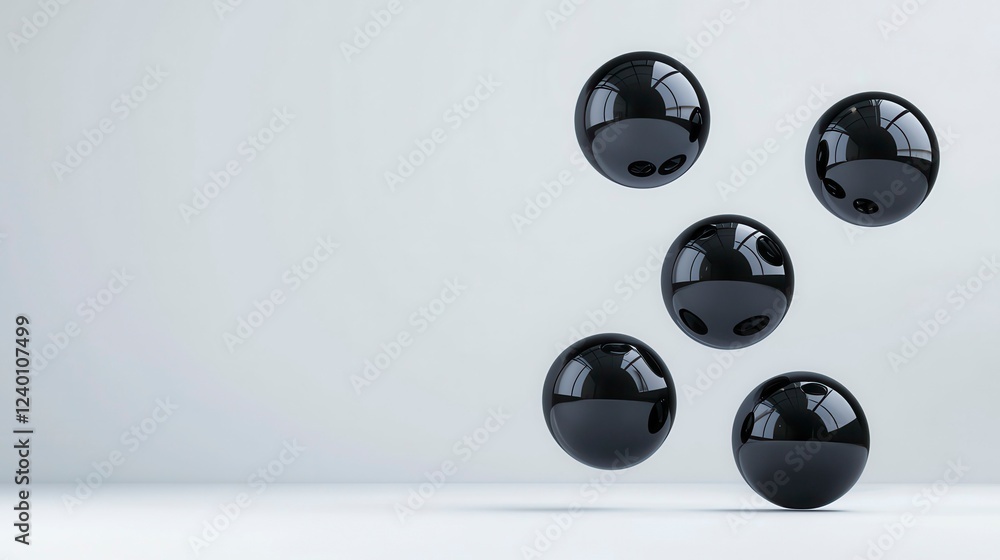 Poster a collection of glossy black spheres arranged dynamically against a minimalist light gray background