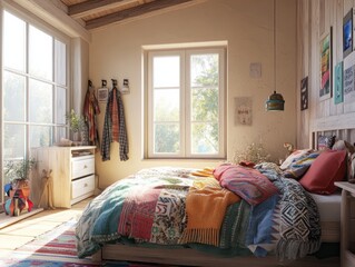 Bohemian Bedroom With Colorful Textiles And Wooden Accents