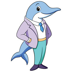 A dolphin in a light purple blazer with oceanic blue accents